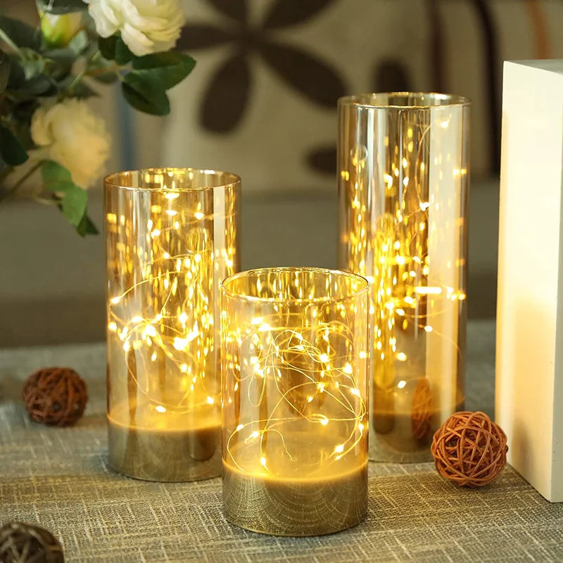 LED Flickering Remote Control String Lights Unscented Pillar Candle Set