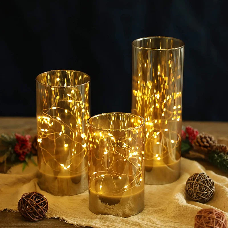 LED Flickering Remote Control String Lights Unscented Pillar Candle Set
