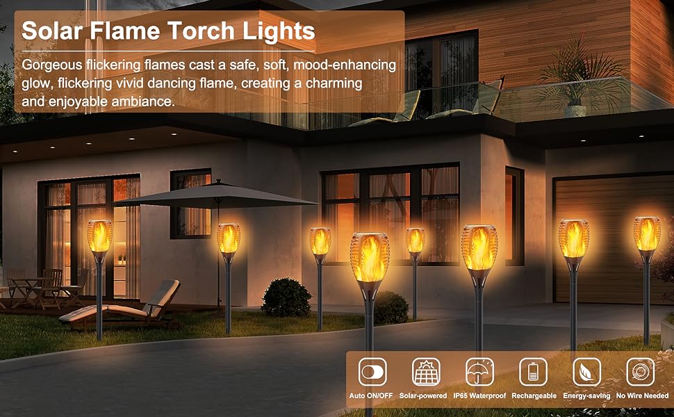 Solar Torch Lights with Flickering Flame, Fire Effect Garden Light, Auto On/Off Dust to Dawn, Outdoor Waterproof Landscape Decoration, Powered Security Light for Patio