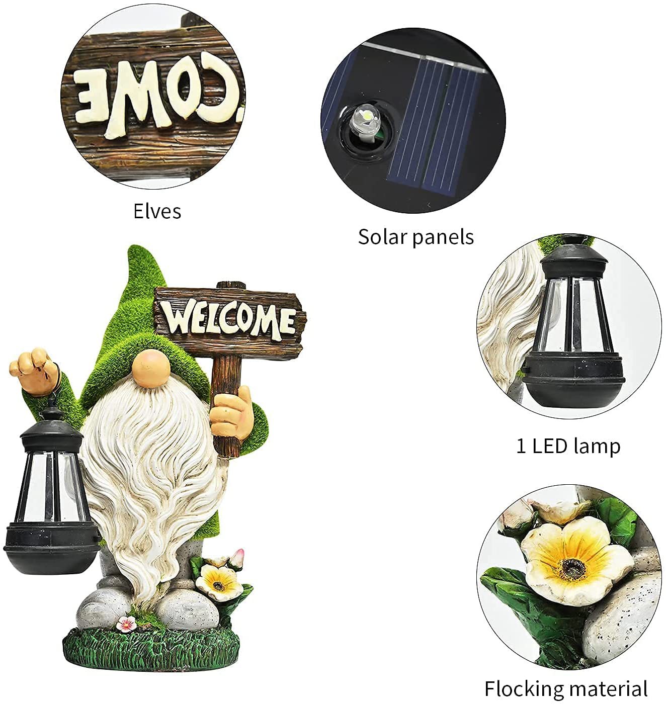 Solar Gnome with Leaf Hat Garden Statue, 7.5 by 13 Inches