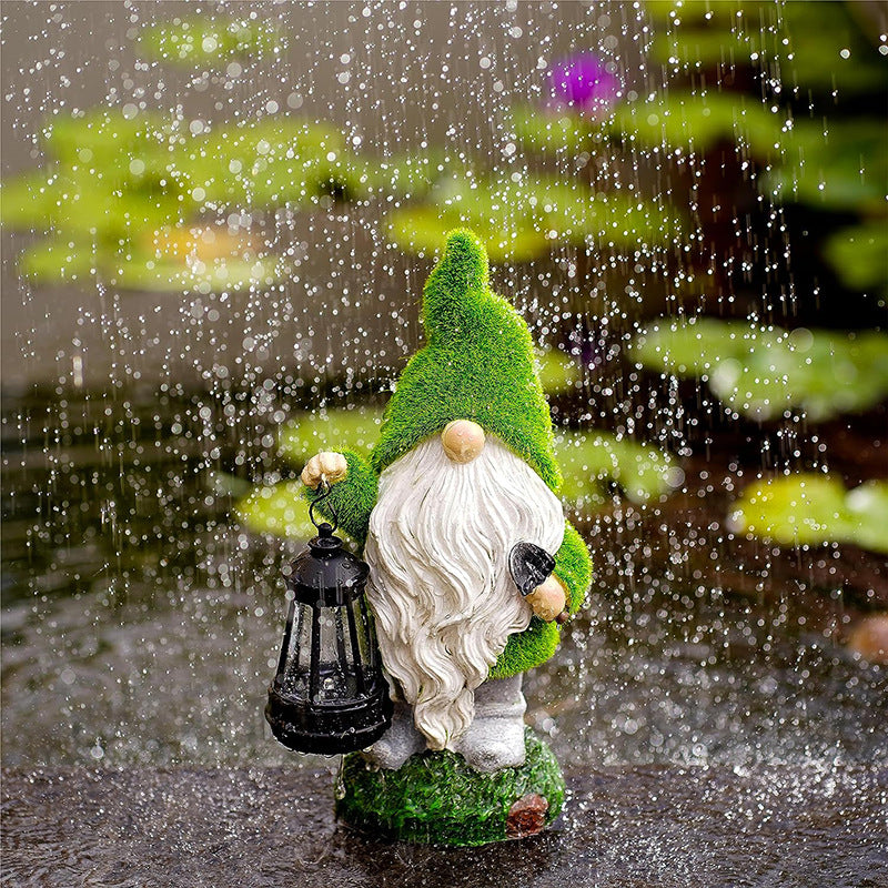 Solar Gnome with Leaf Hat Garden Statue, 7.5 by 13 Inches