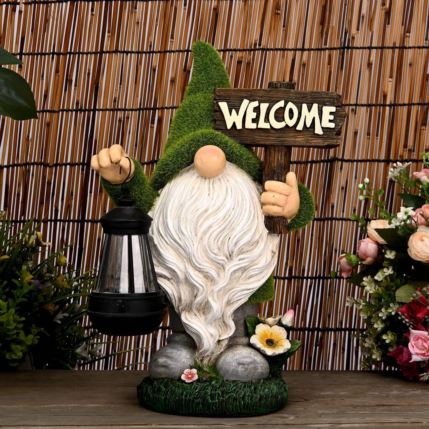 Solar Gnome with Leaf Hat Garden Statue, 7.5 by 13 Inches