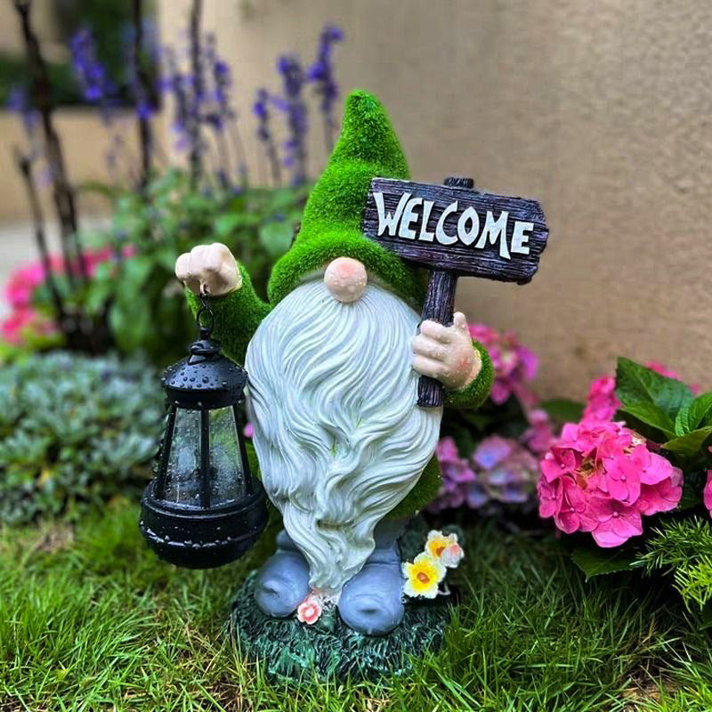 Solar Gnome with Leaf Hat Garden Statue, 7.5 by 13 Inches