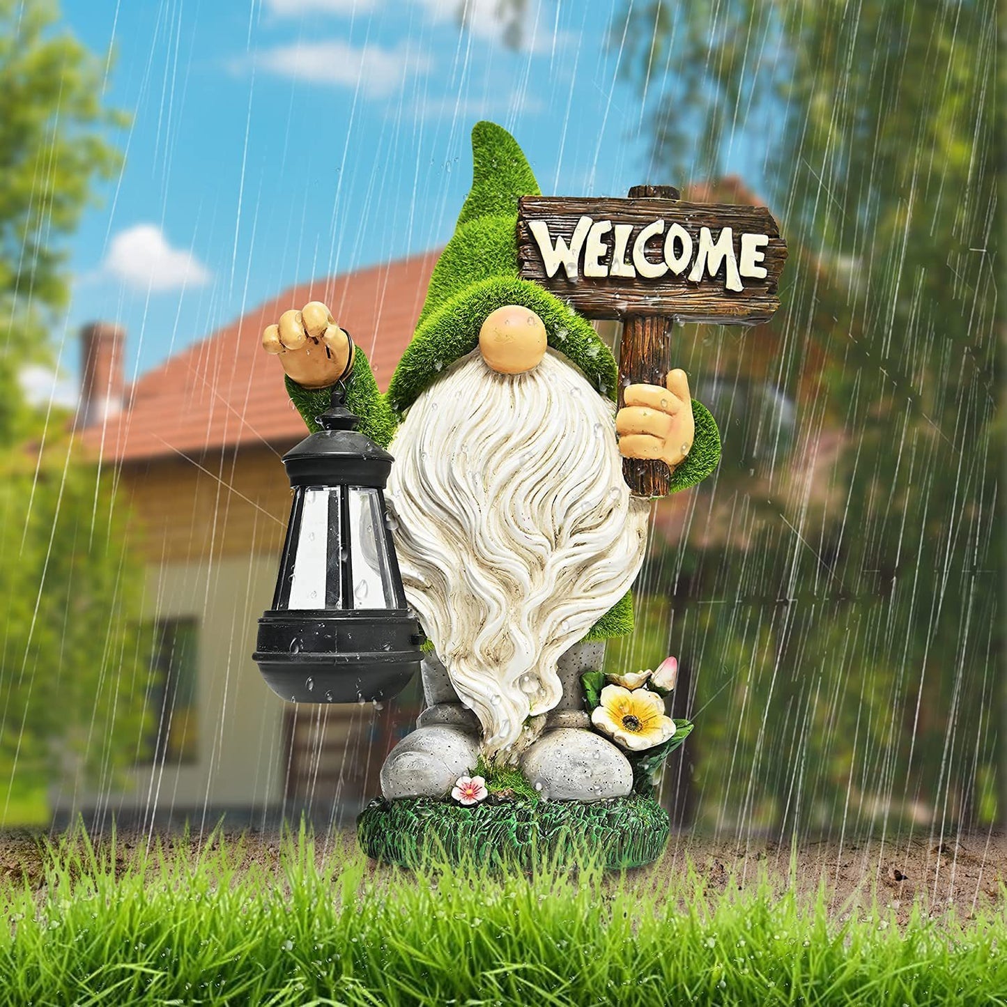 Solar Gnome with Leaf Hat Garden Statue, 7.5 by 13 Inches