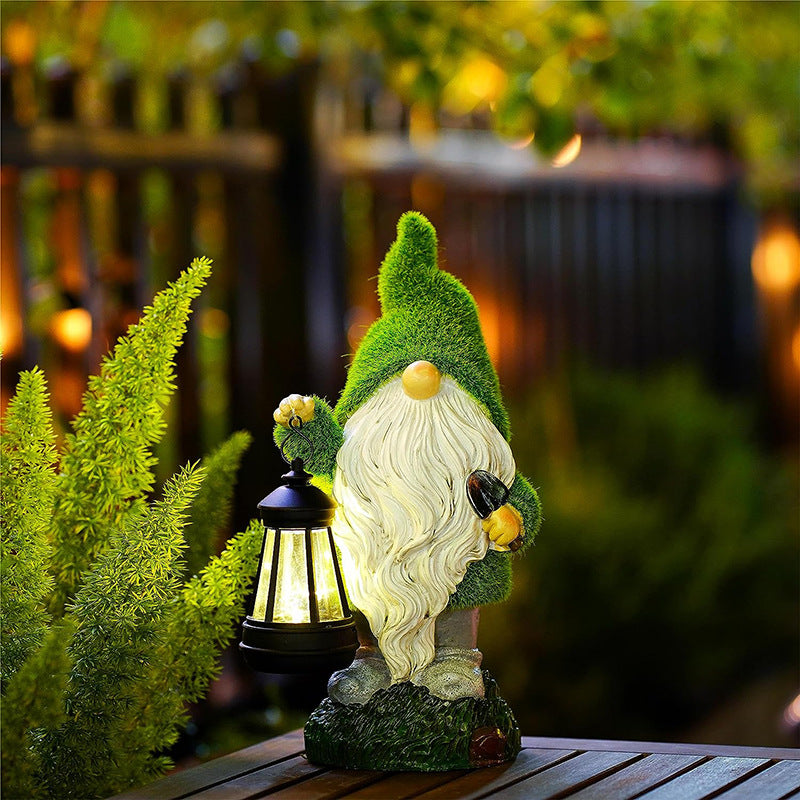 Solar Gnome with Leaf Hat Garden Statue, 7.5 by 13 Inches