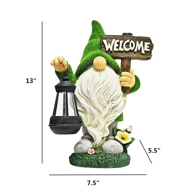 Solar Gnome with Leaf Hat Garden Statue, 7.5 by 13 Inches