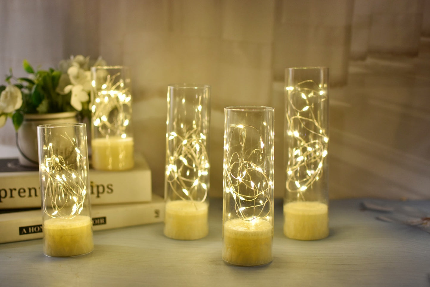 LED Flickering Remote Control String Lights Unscented Pillar Candle Set