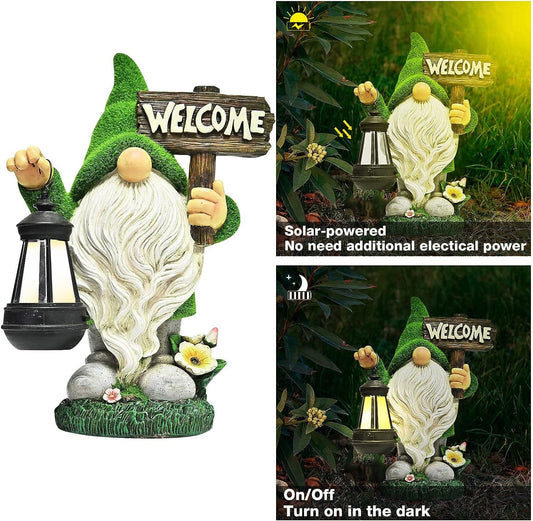 Solar Gnome with Leaf Hat Garden Statue, 7.5 by 13 Inches