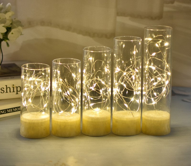 LED Flickering Remote Control String Lights Unscented Pillar Candle Set